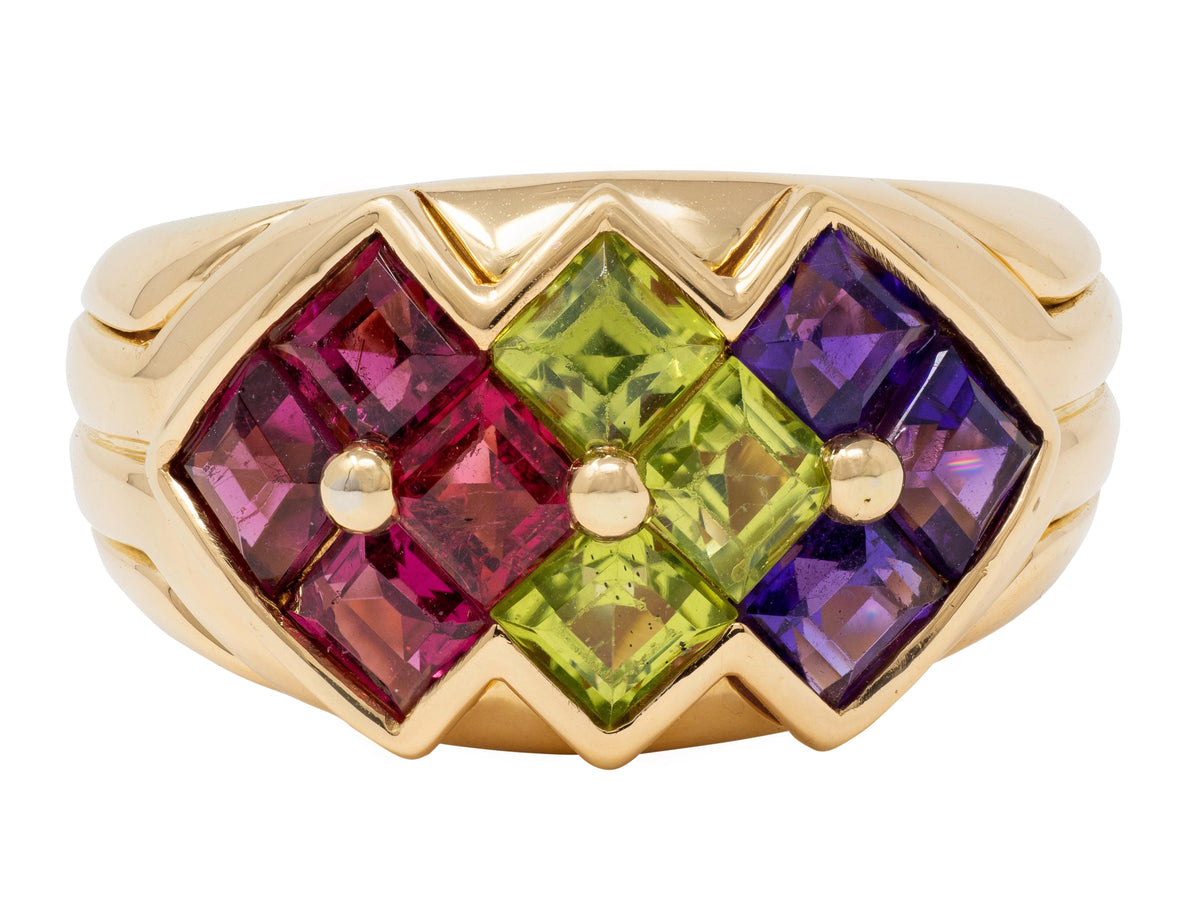 Bulgari 1980 Amethyst Peridot Tourmaline 18K Yellow Gold Vintage Statement Ring