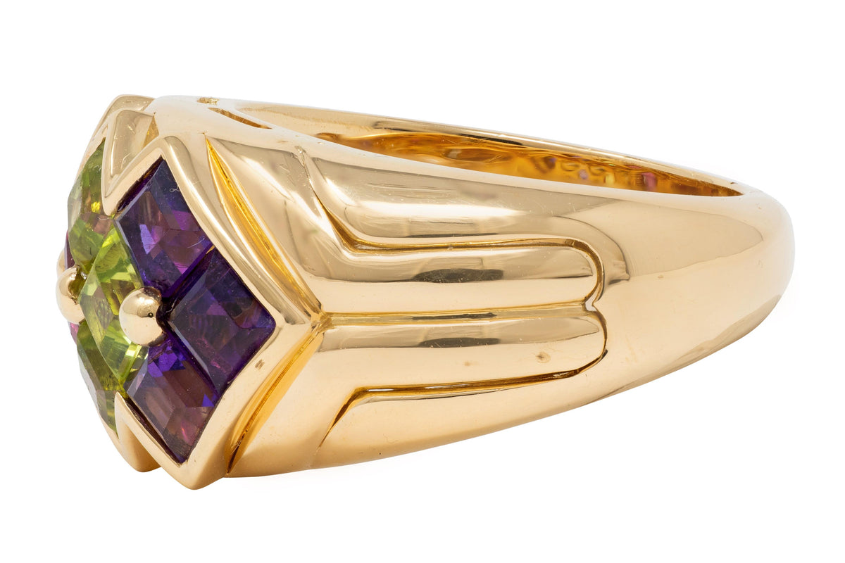 Bulgari 1980 Amethyst Peridot Tourmaline 18K Yellow Gold Vintage Statement Ring