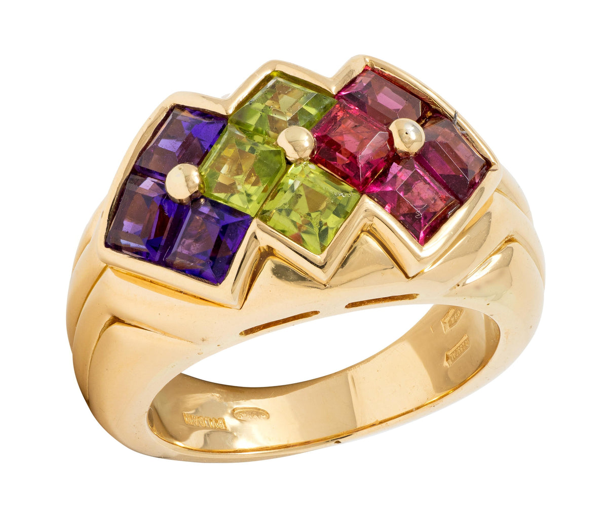 Bulgari 1980 Amethyst Peridot Tourmaline 18K Yellow Gold Vintage Statement Ring