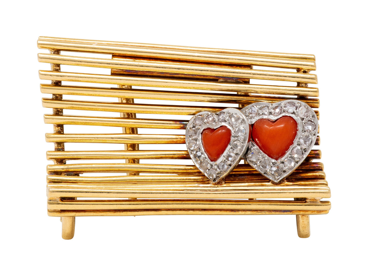 Cartier 1960's Coral Diamond 18K Gold Platinum Vintage Lovers Bench Brooch
