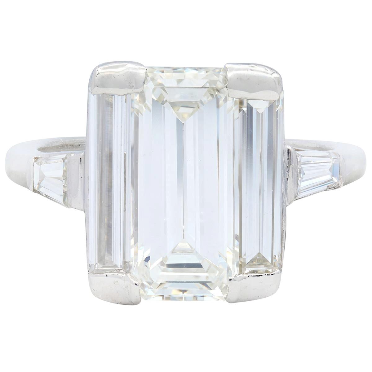 Vintage 4.25 CTW Elongated Emerald Cut Diamond Platinum Engagement Ring GIA