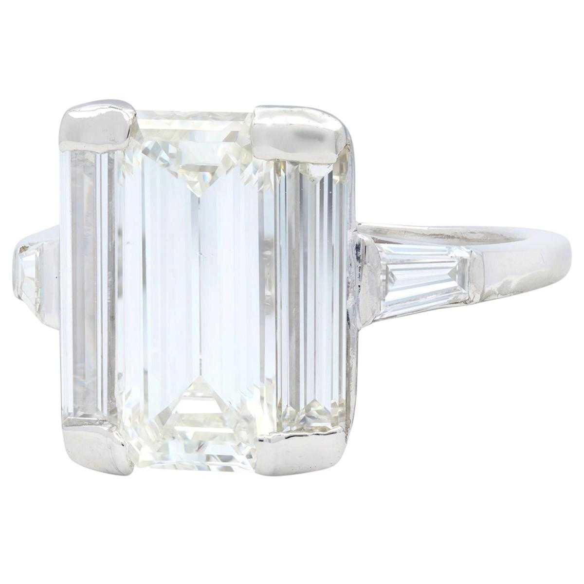 Vintage 4.25 CTW Elongated Emerald Cut Diamond Platinum Engagement Ring GIA