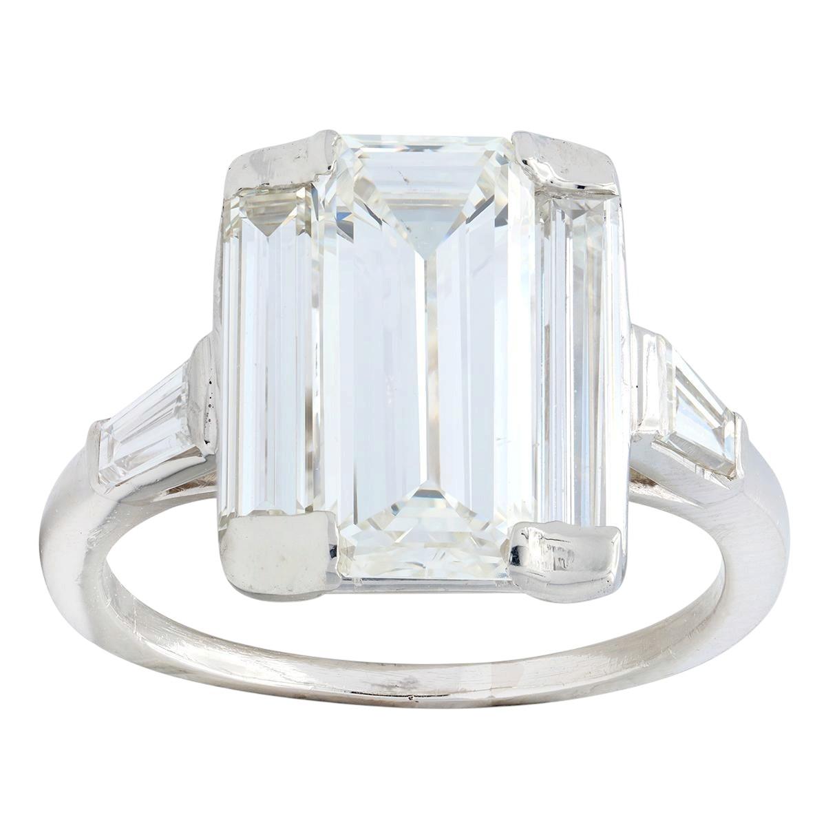 Vintage 4.25 CTW Elongated Emerald Cut Diamond Platinum Engagement Ring GIA