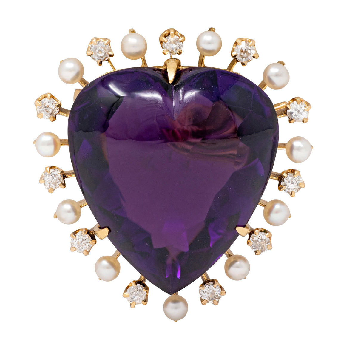 Victorian Amethyst Diamond Pearl 18K Gold Platinum Antique Heart Pendant Brooch