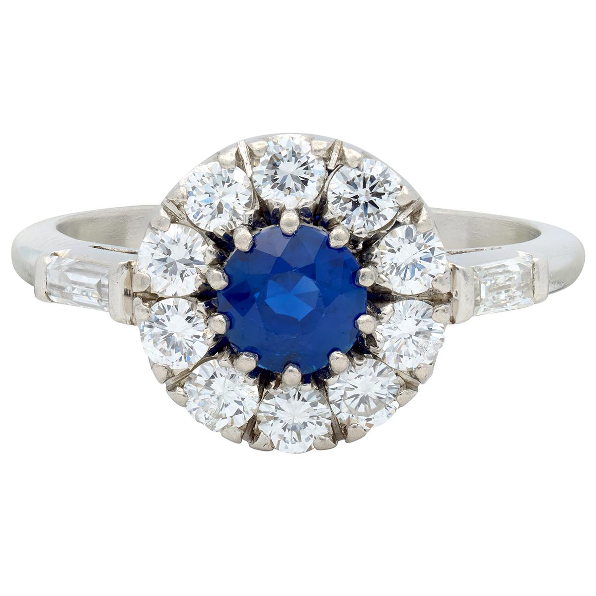 Mid-Century 1.82 CTW Round Cut Sapphire Diamond Platinum Vintage Halo Ring