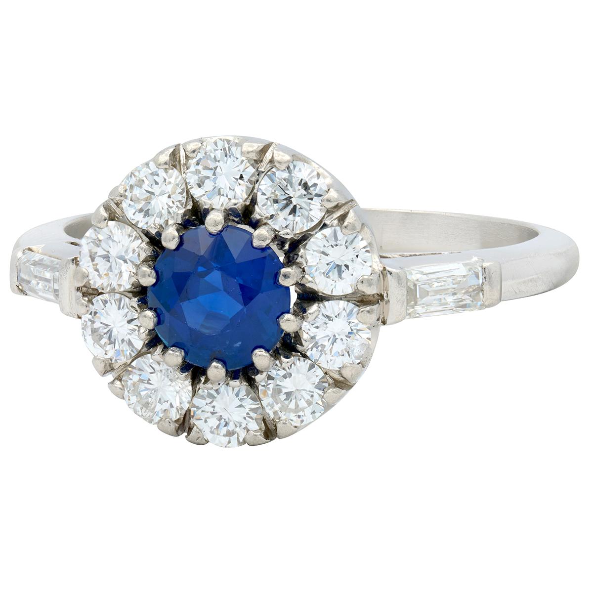 Mid-Century 1.82 CTW Round Cut Sapphire Diamond Platinum Vintage Halo Ring