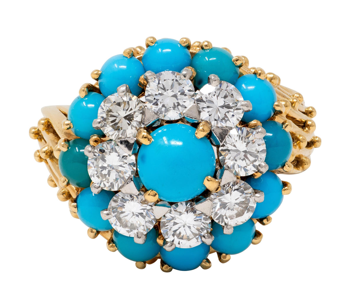 Cartier Paris 1960's Turquoise Diamond Platinum 18K Gold Vintage Cluster Ring
