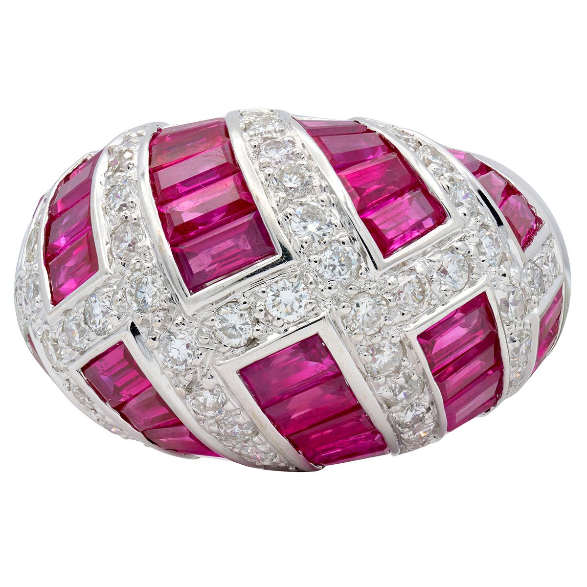 Contemporary 6.36 CTW Ruby Diamond 18 Karat White Gold Dome Weave Ring