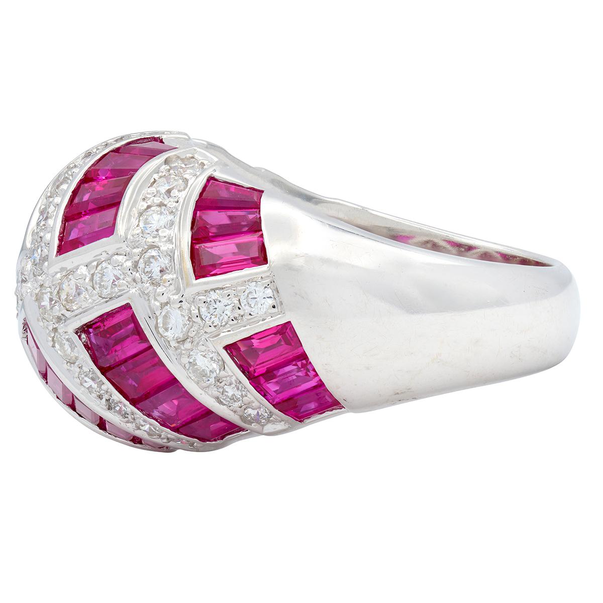 Contemporary 6.36 CTW Ruby Diamond 18 Karat White Gold Dome Weave Ring