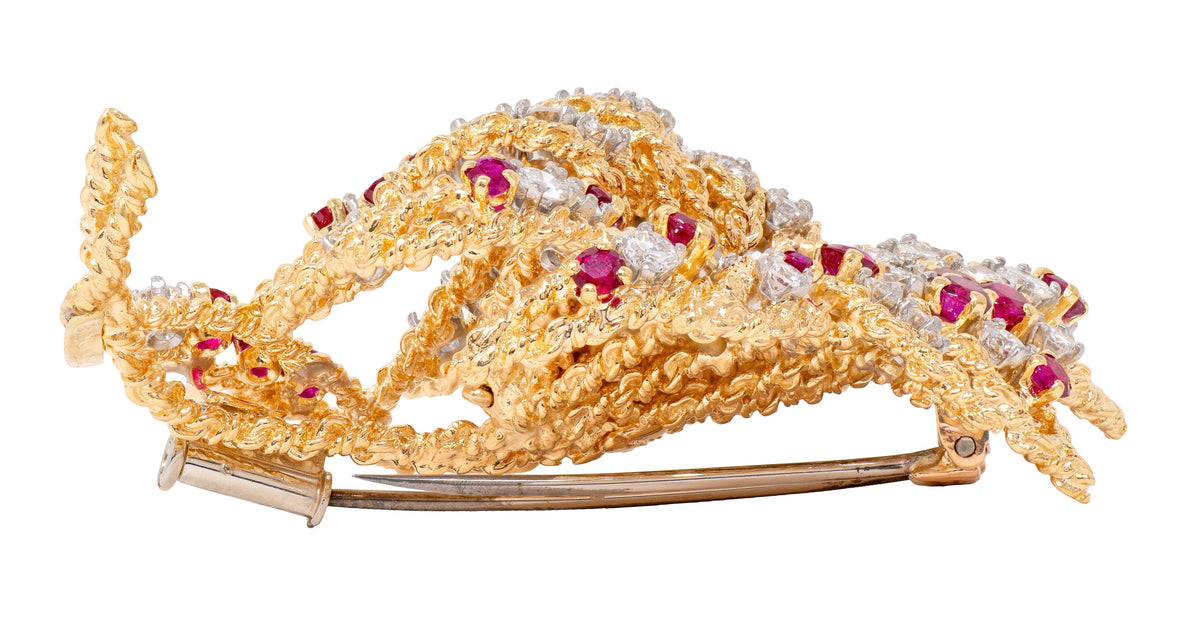 Van Cleef & Arpels French 1960's Diamond Ruby 18K Platinum Vintage Flower Brooch