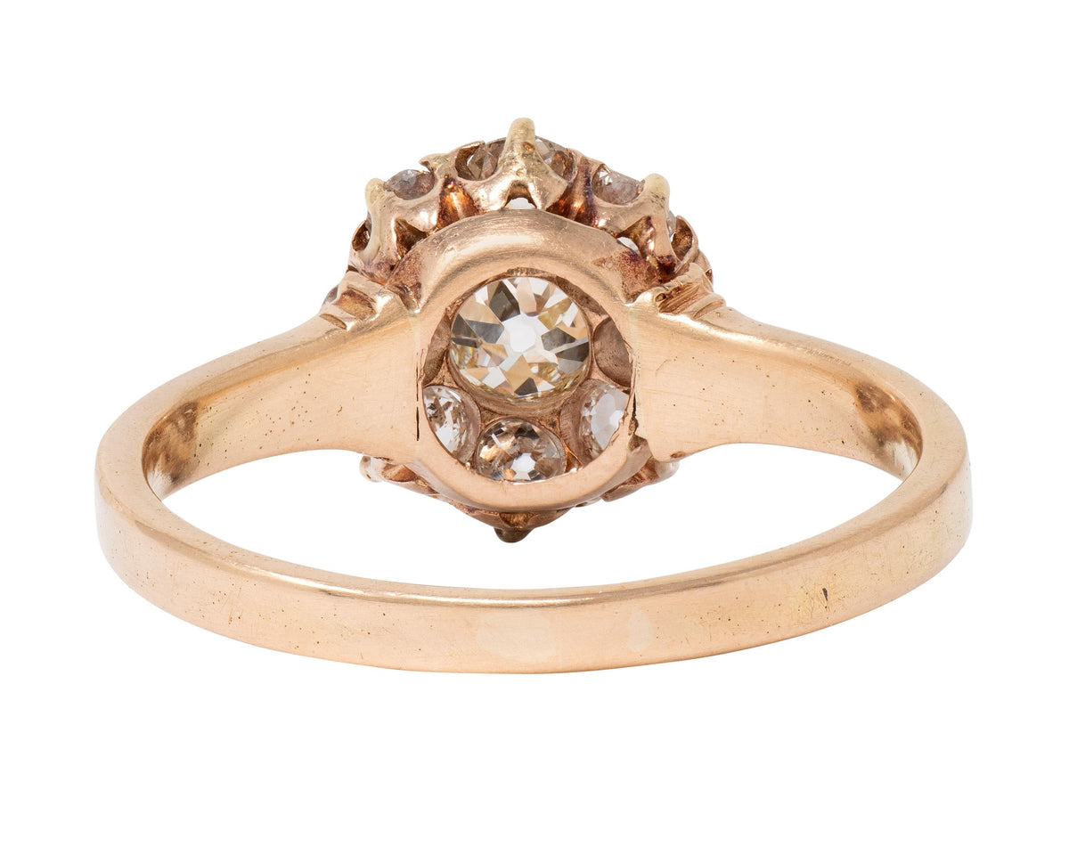 Victorian Old Mine Cut Diamond 14 Karat Yellow Gold Antique Halo Engagement Ring