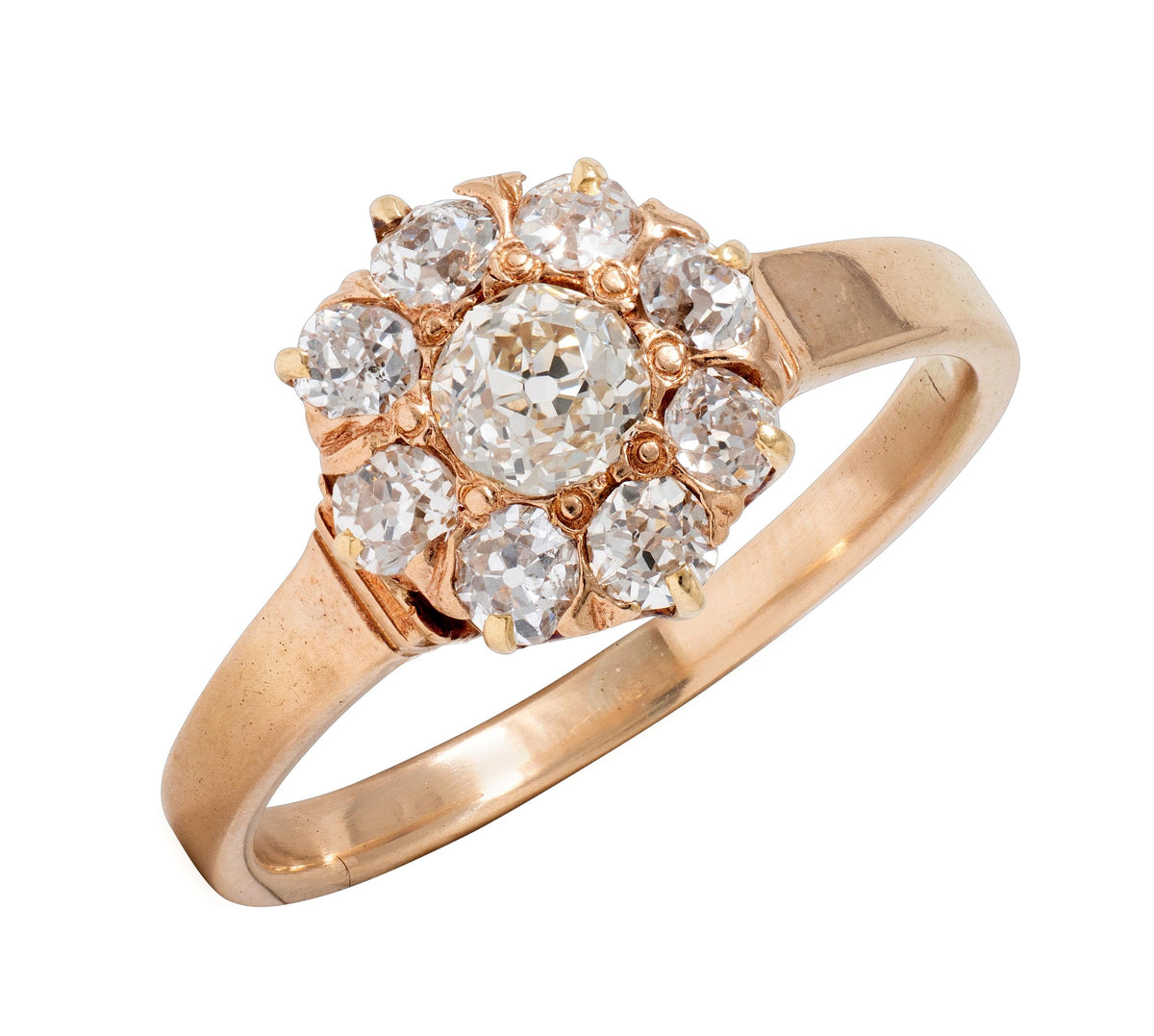 Victorian Old Mine Cut Diamond 14 Karat Yellow Gold Antique Halo Engagement Ring