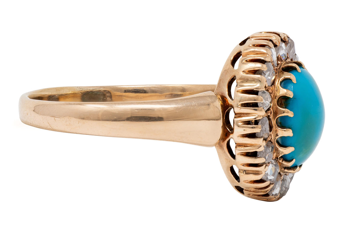 Victorian Turquoise Diamond 14 Karat Yellow Gold Antique Halo Ring