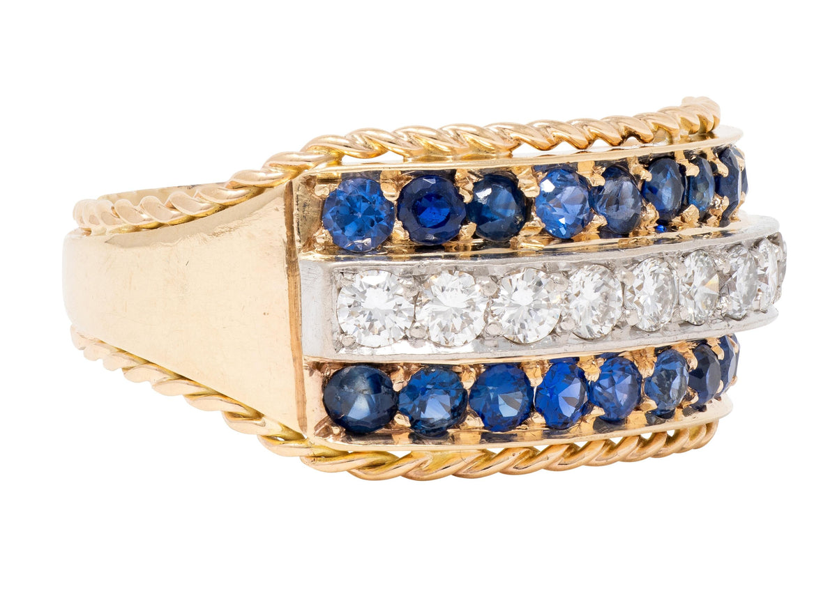 1960's Diamond Sapphire Platinum 14K Gold Vintage Twisted Rope Wide Band Ring