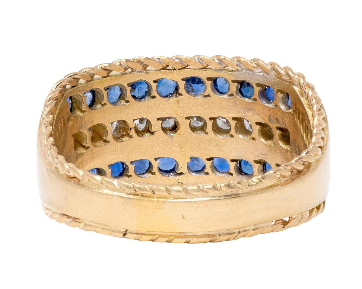 1960's Diamond Sapphire Platinum 14K Gold Vintage Twisted Rope Wide Band Ring