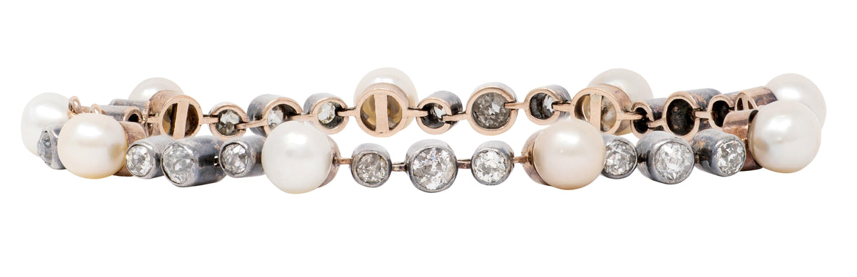 Victorian 3.14 CTW Diamond Pearl 18 Karat Rose Gold Silver Antique Line Bracelet
