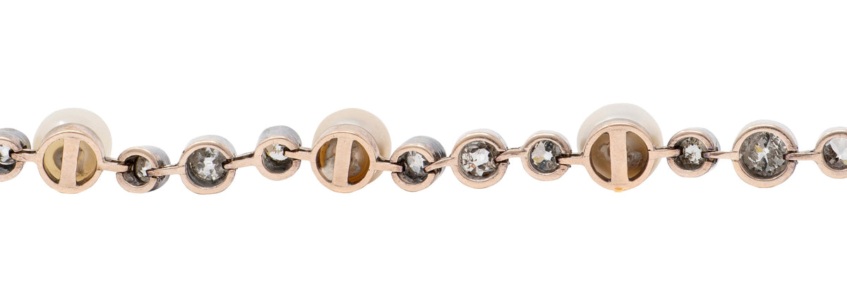 Victorian 3.14 CTW Diamond Pearl 18 Karat Rose Gold Silver Antique Line Bracelet