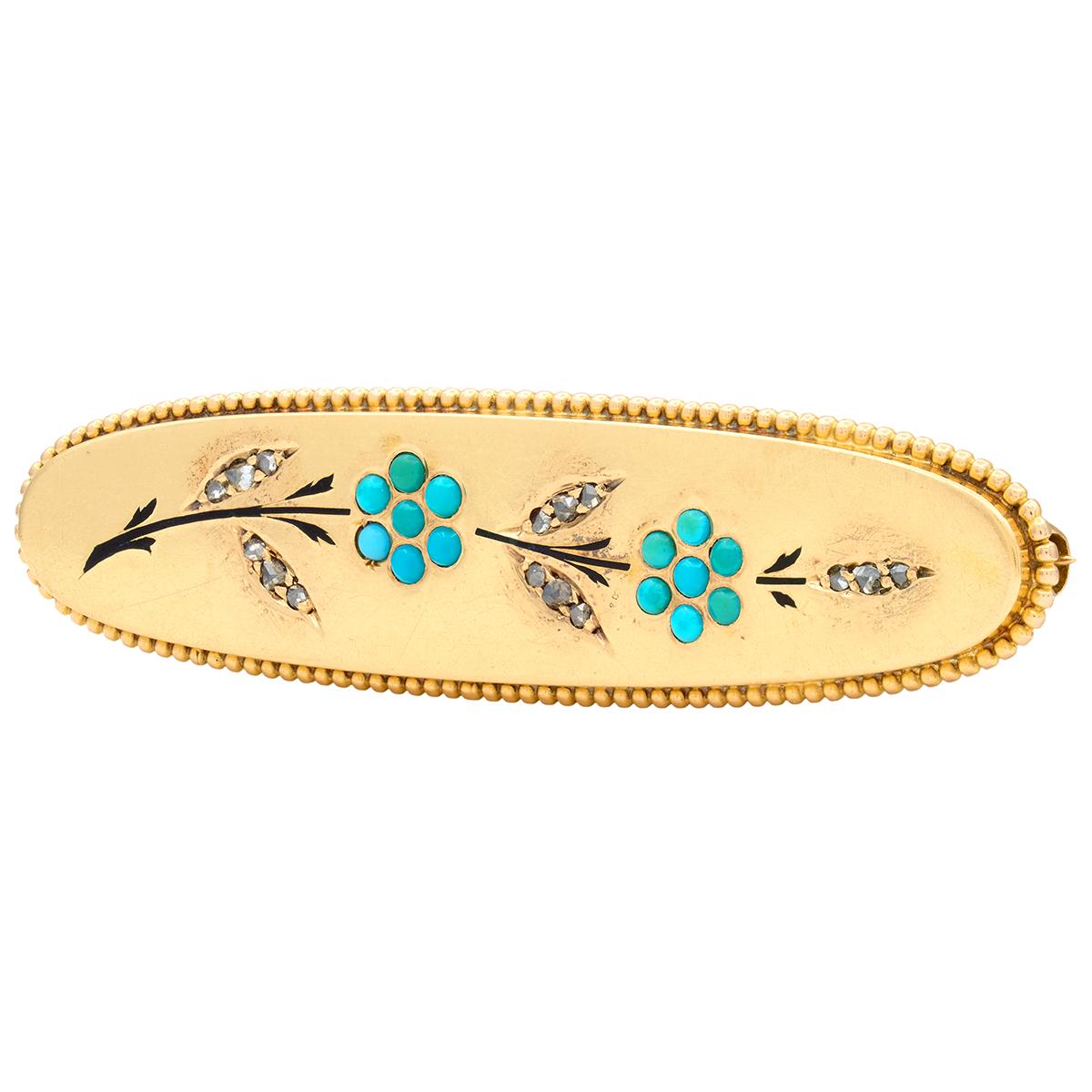 Tiffany & Co Victorian Turquoise Diamond 18K Antique Forget-Me-Not Flower Brooch