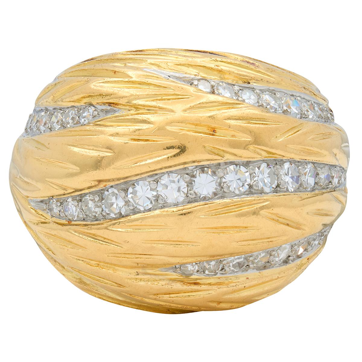 Mauboussin Paris 1960's Diamond 18 Karat Yellow Gold Platinum Vintage Dome Ring