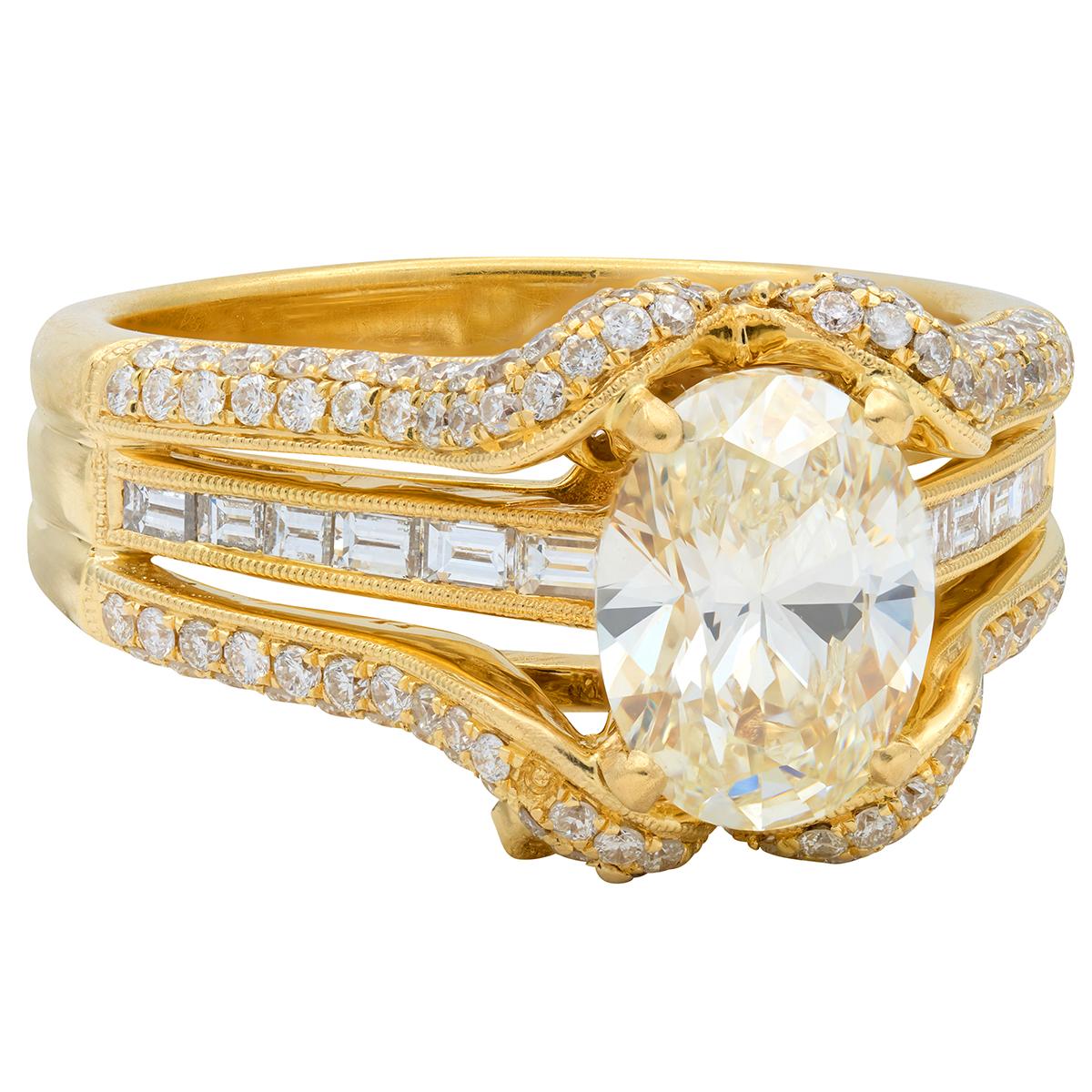 Contemporary 2.73 CTW Oval Cut Diamond 18K Yellow Gold Charm Engagement Ring GIA