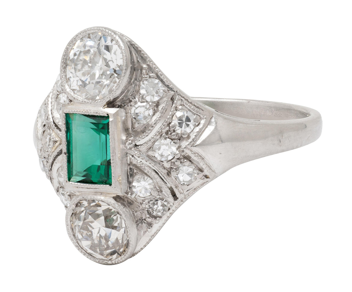 Art Deco 1.75 CTW Emerald Diamond Platinum Vintage Navette Dinner Ring