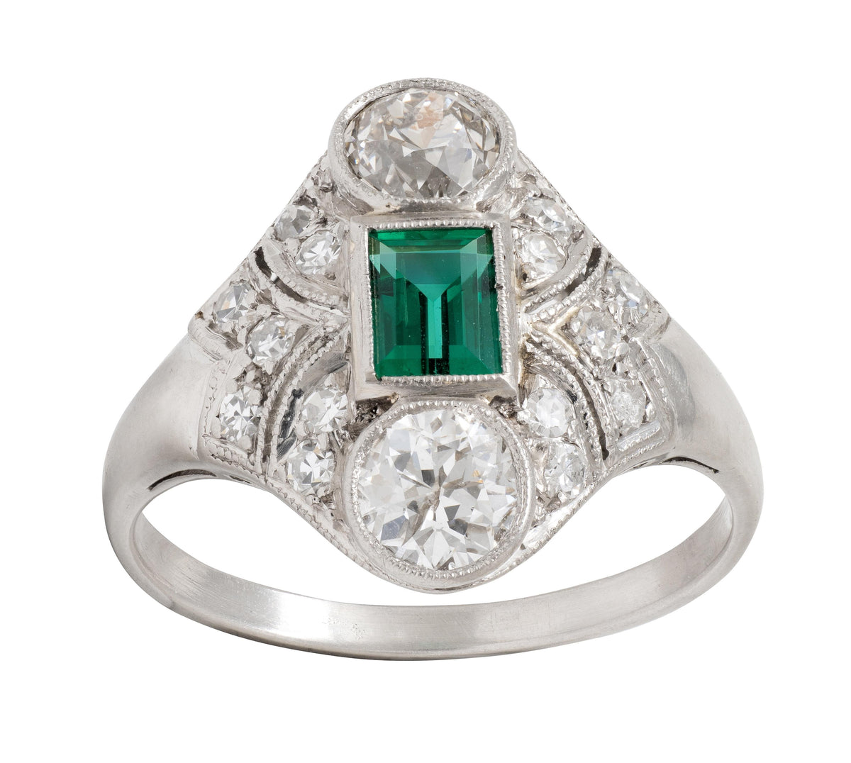 Art Deco 1.75 CTW Emerald Diamond Platinum Vintage Navette Dinner Ring