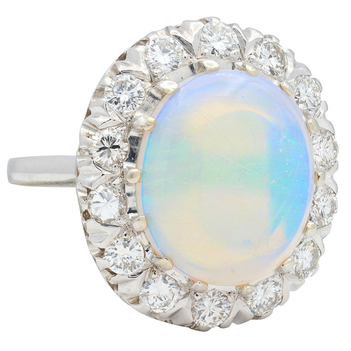 Mid-Century Jelly Opal Diamond 14 Karat White Gold Vintage Halo Ring