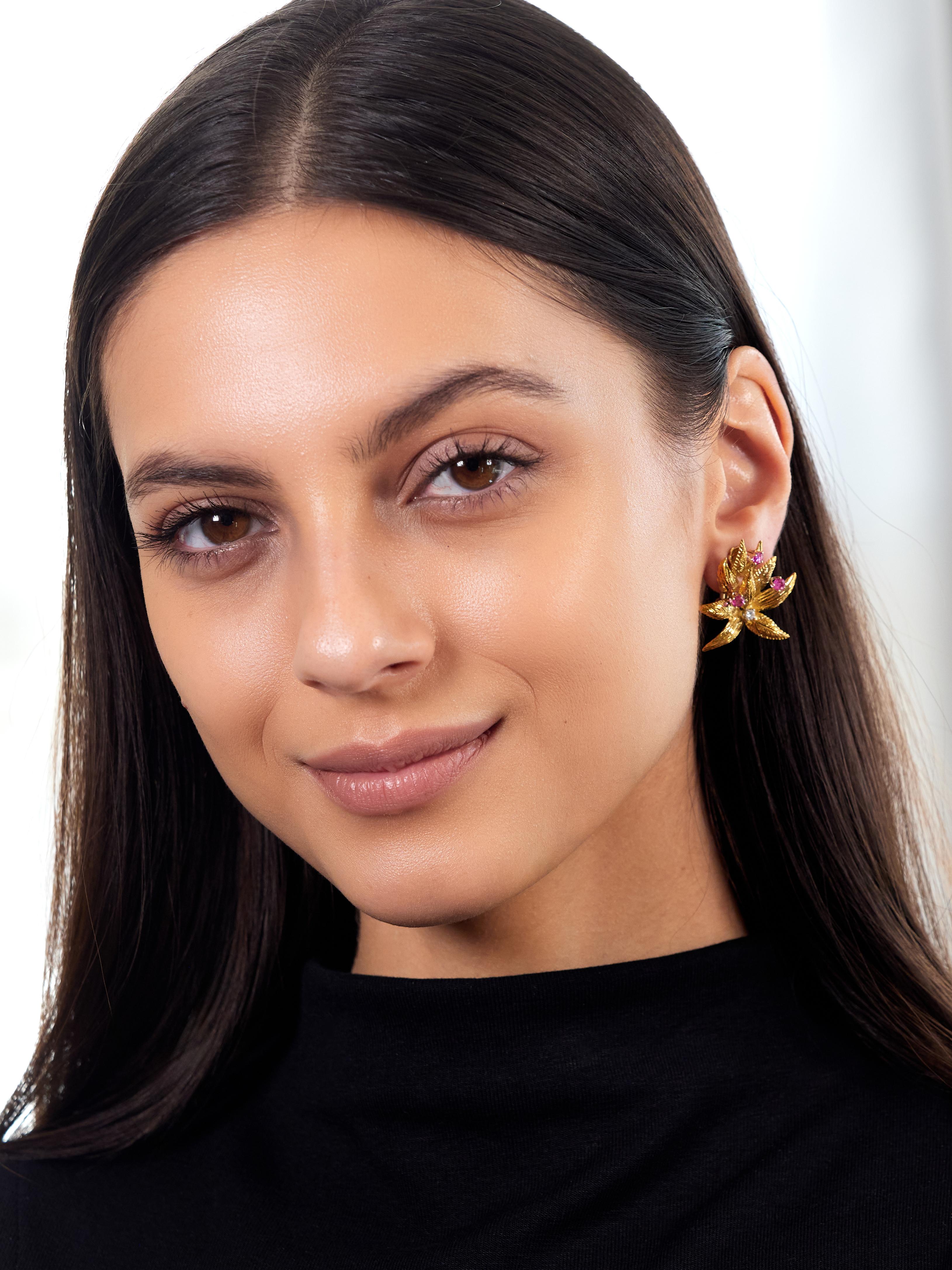 Tiffany & Co. Mid-Century Ruby Diamond Platinum 18K Gold Leaf Vintage Earrings