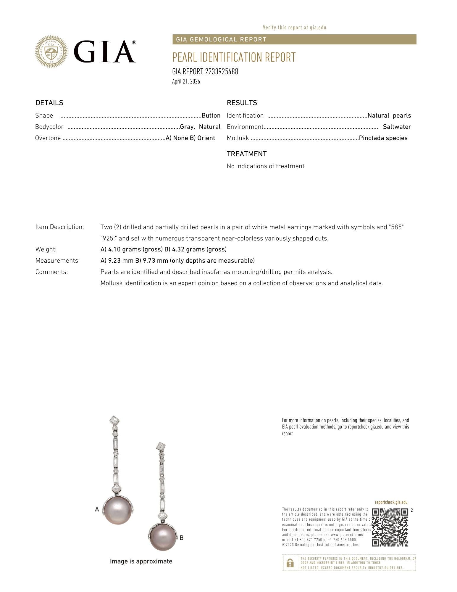 Art Deco Diamond Natural Saltwater Pearl Platinum Antique Drop Earrings GIA
