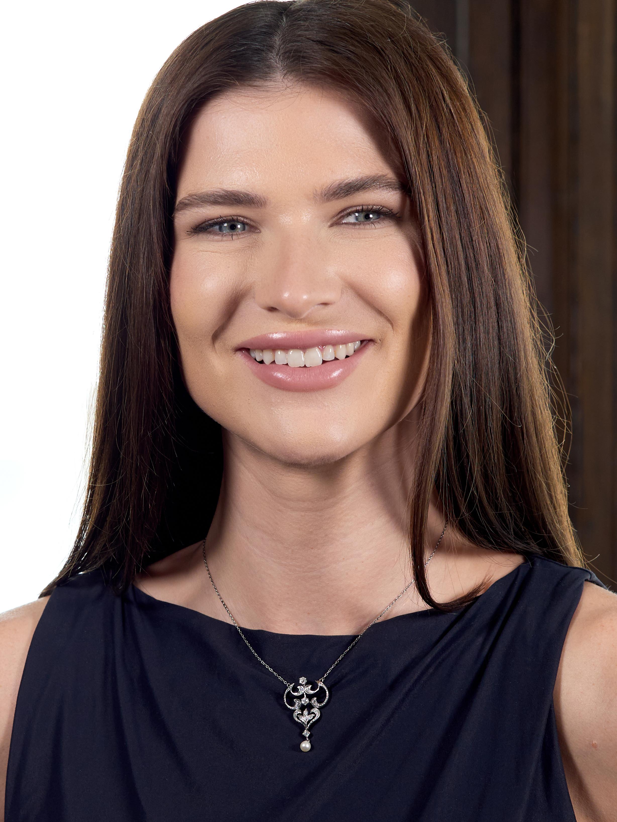 Edwardian Diamond Pearl Platinum 14K Gold Antique Pendant Station Necklace