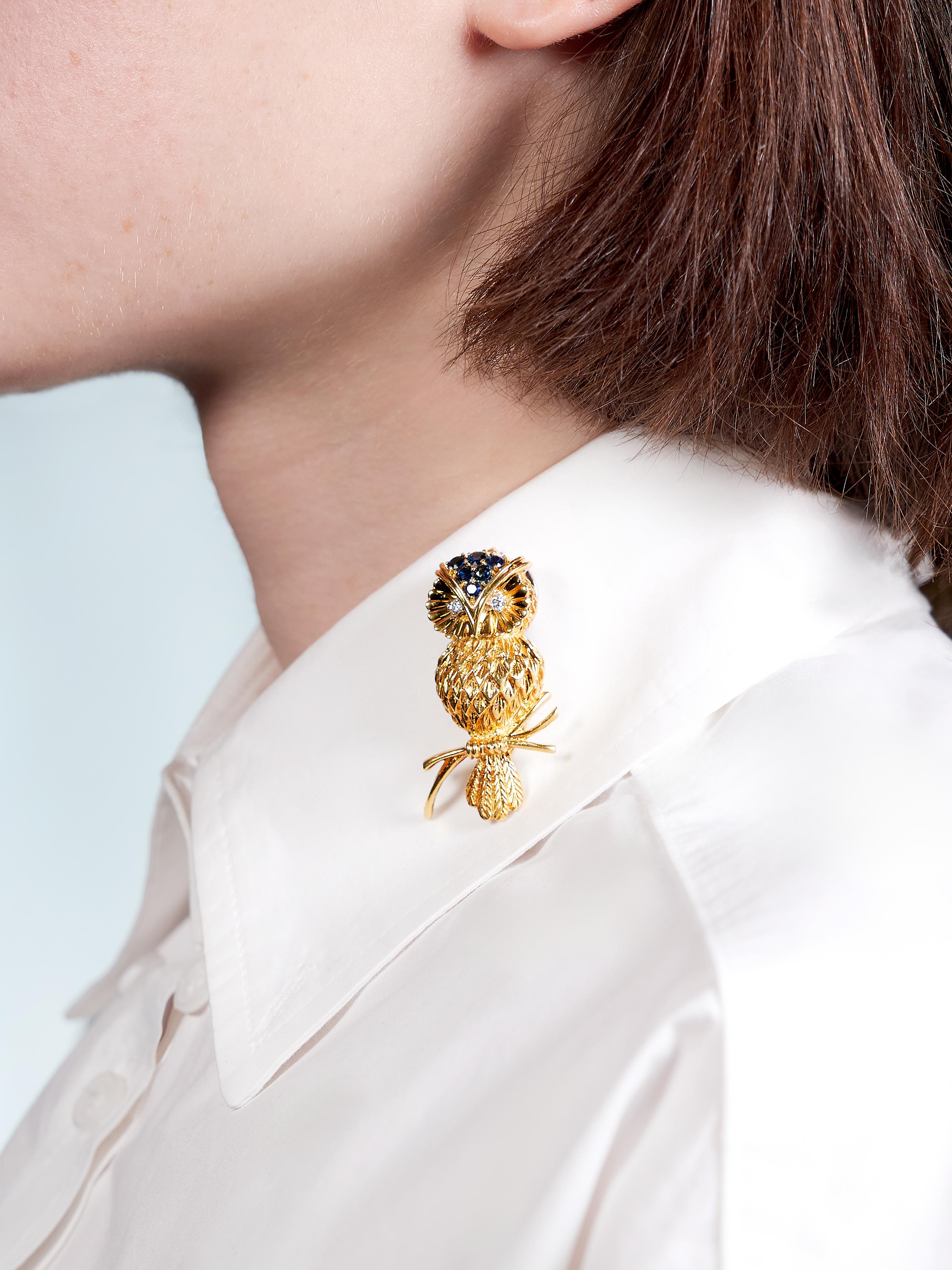 Tiffany & Co. 1950's Sapphire Diamond 18K Gold Vintage Owl Brooch