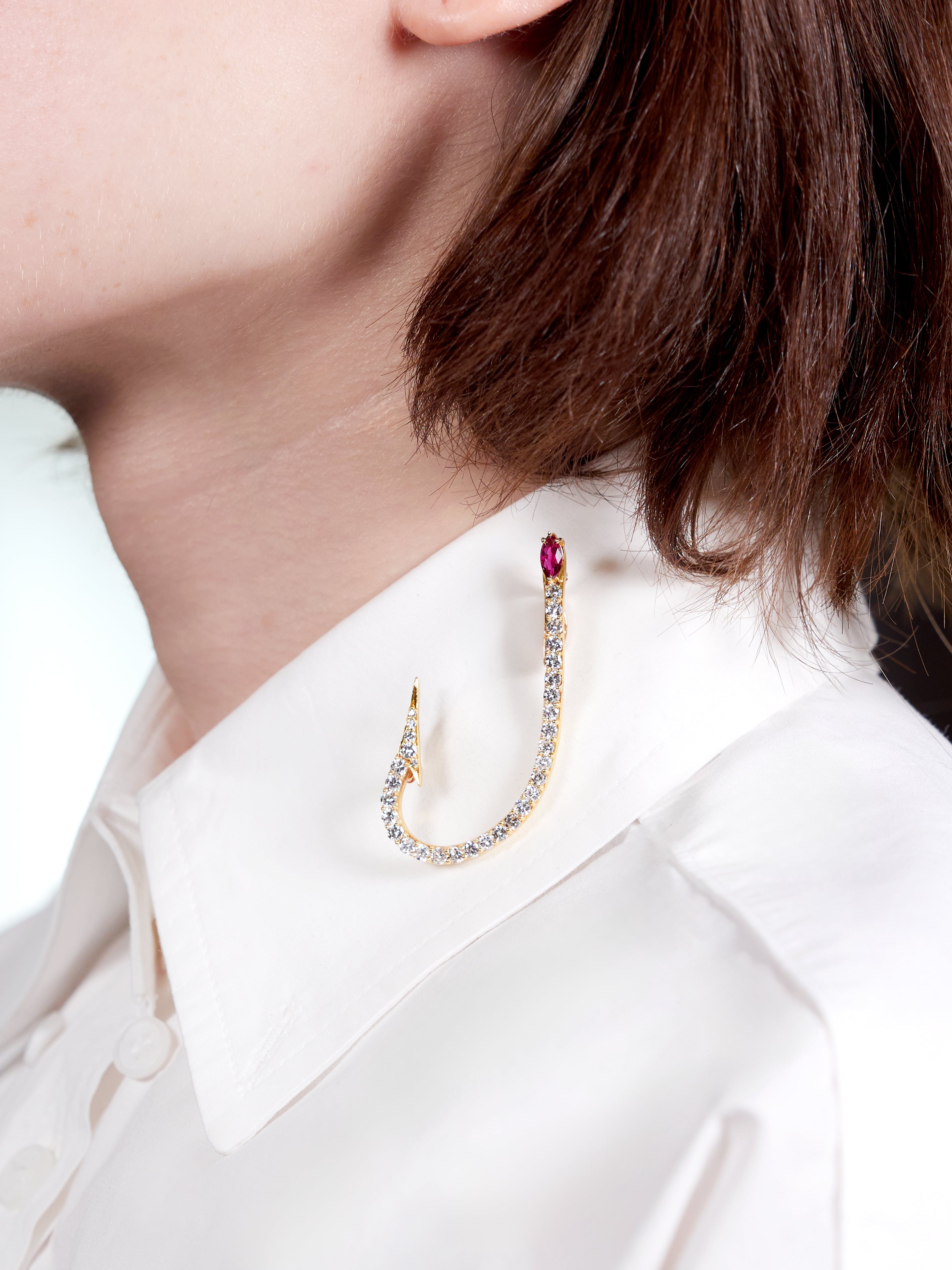 Diamond Ruby 18 Karat Yellow Gold Vintage Fishing Hook Unisex Brooch