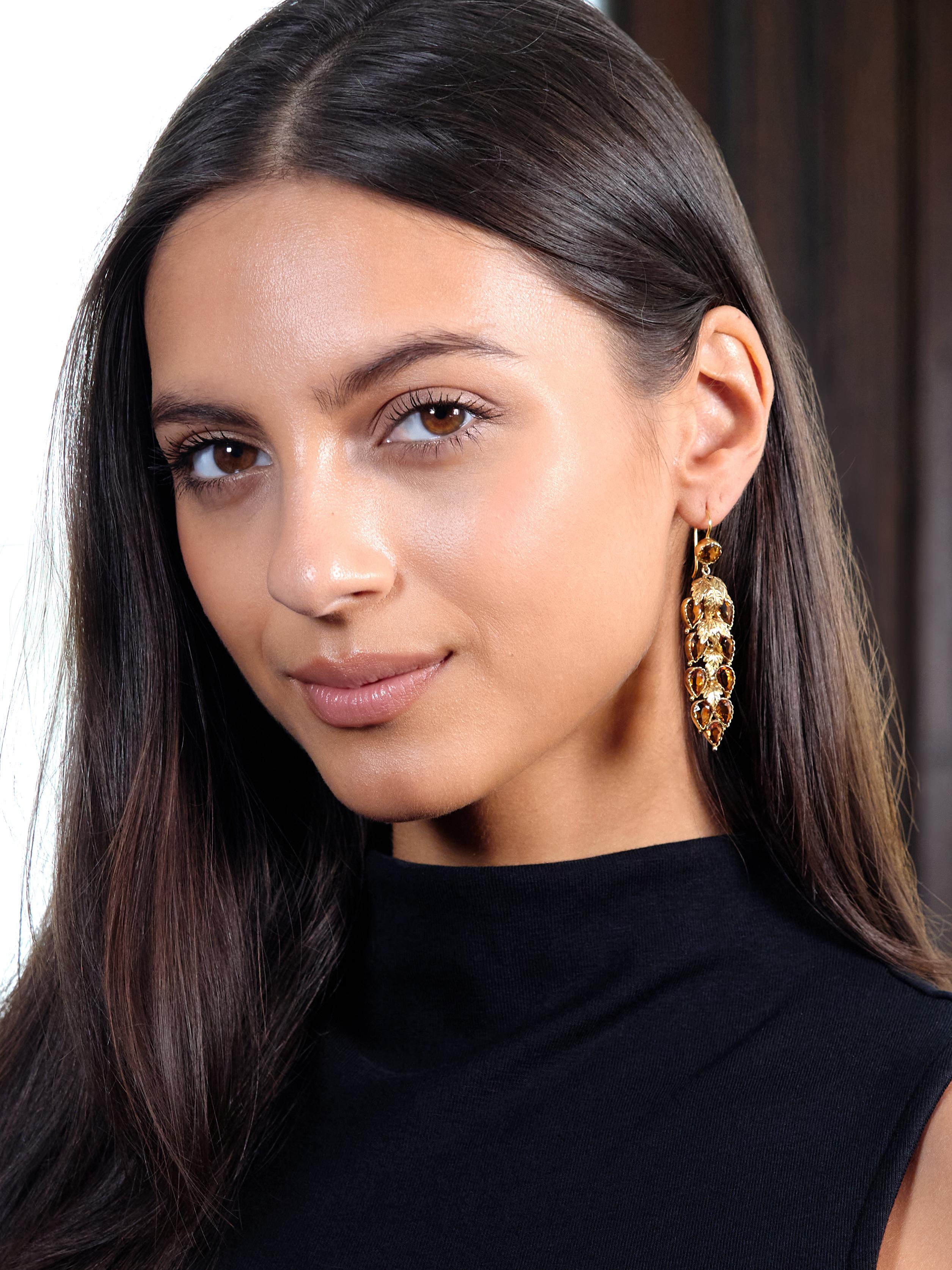 Victorian 11.60 CTW Citrine 14 Karat Yellow Gold Antique Foliate Drop Earrings