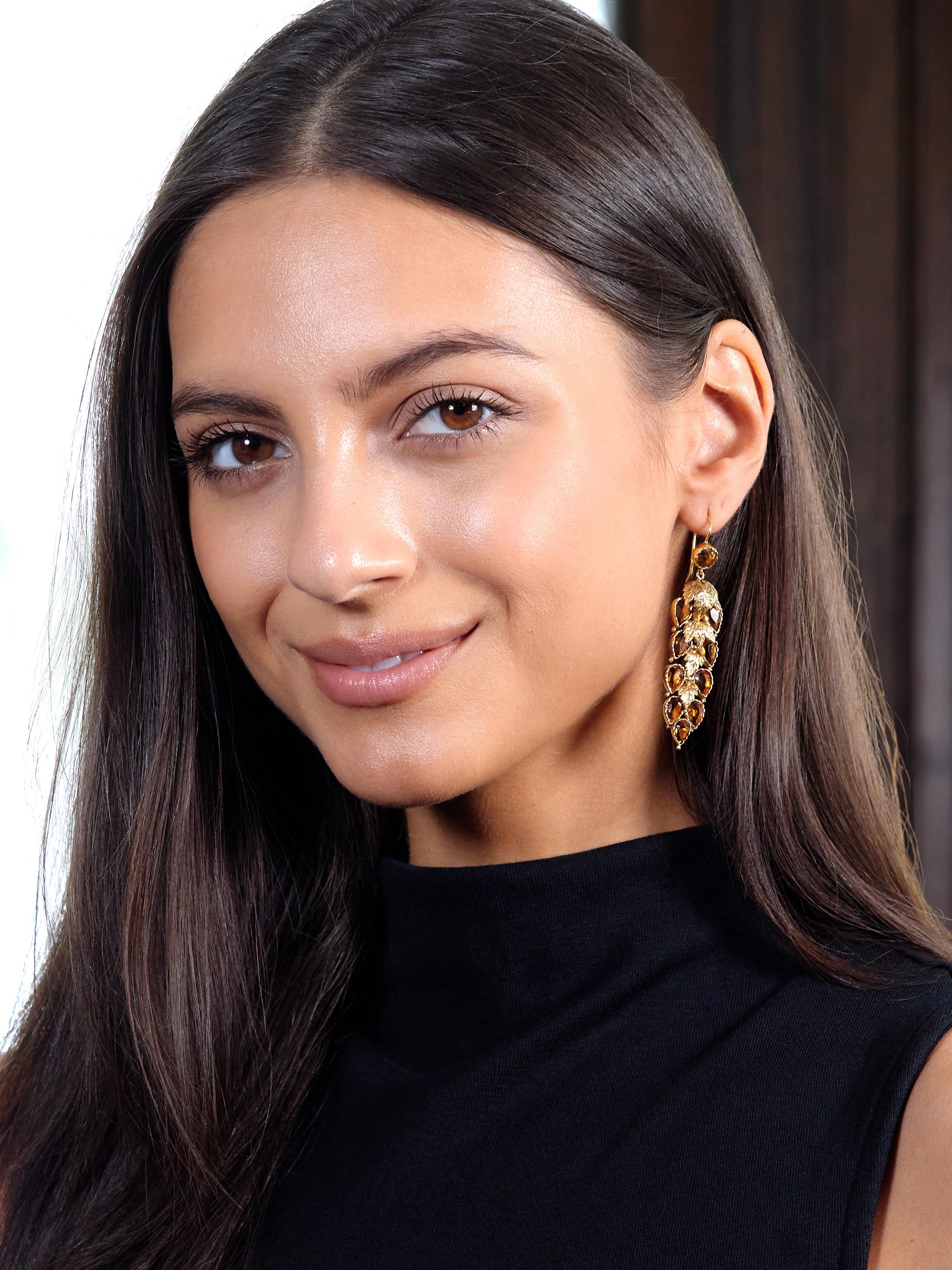 Victorian 11.60 CTW Citrine 14 Karat Yellow Gold Antique Foliate Drop Earrings