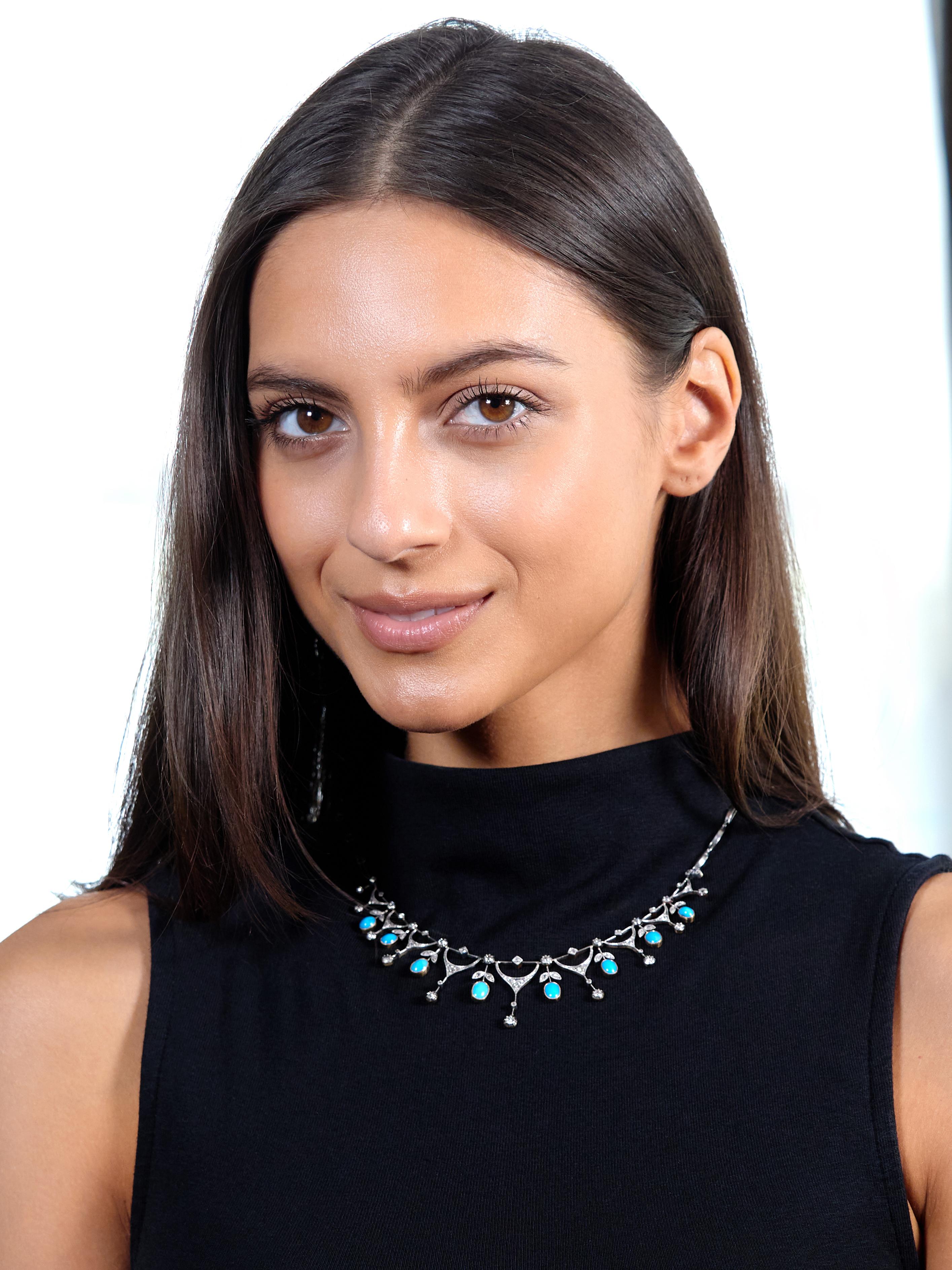 Edwardian Diamond Turquoise Platinum 18K Gold Antique Foliate Fringe Necklace