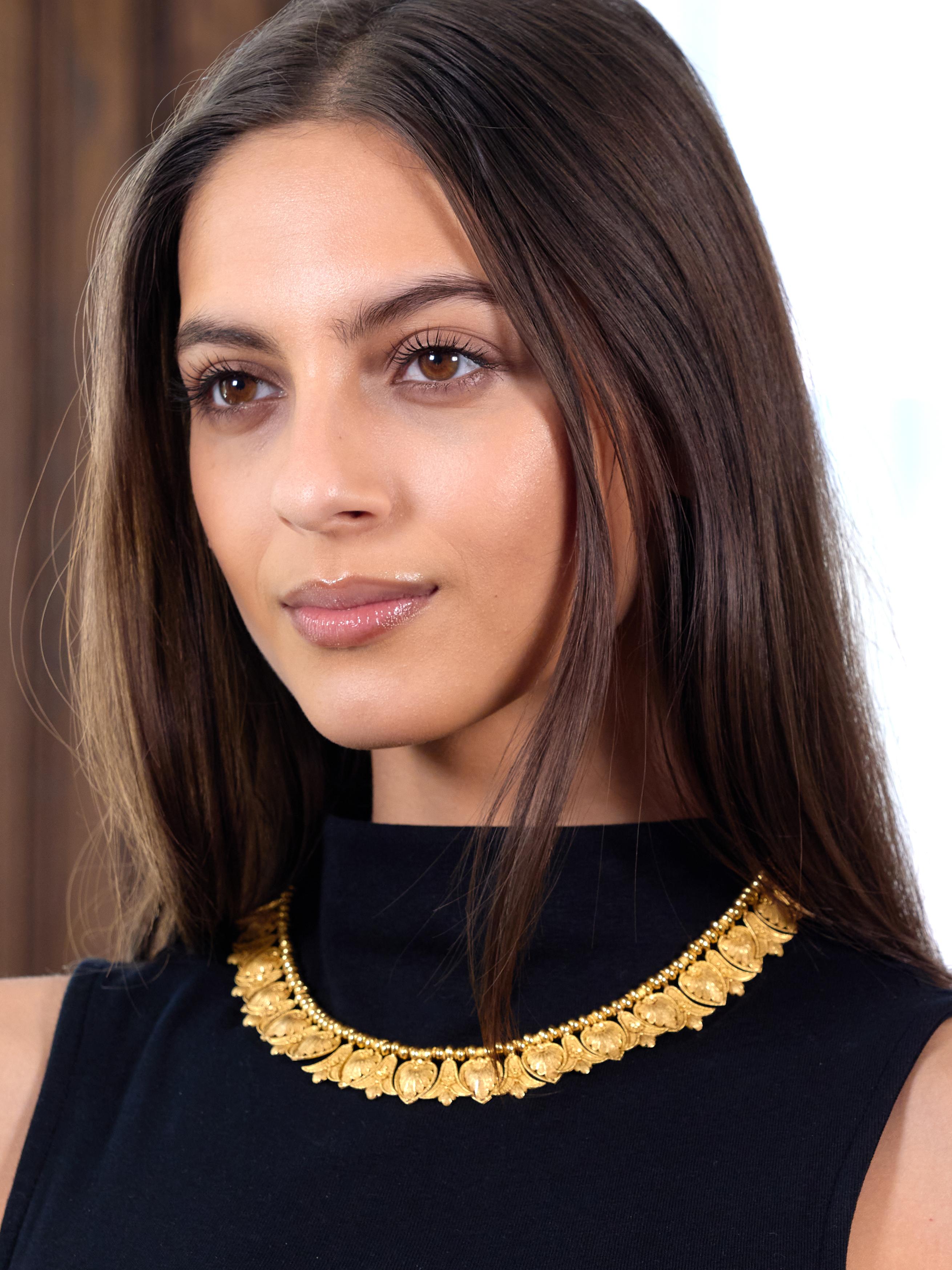 Victorian Etruscan Revival 18K Gold Antique Palm & Lotus Fringe Necklace