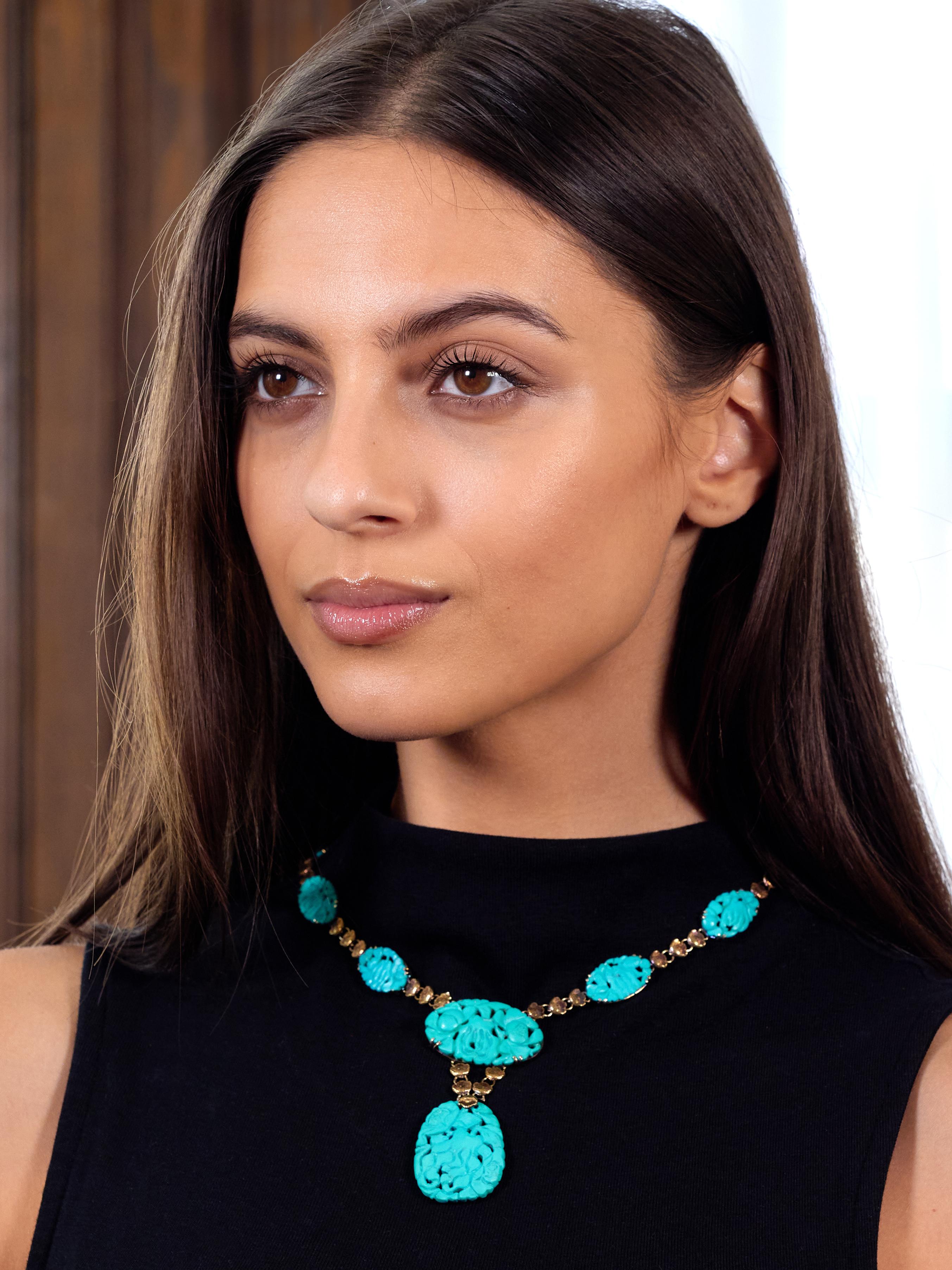 Walter Lampl Art Nouveau Turquoise 14K Gold Antique Floral Drop Necklace