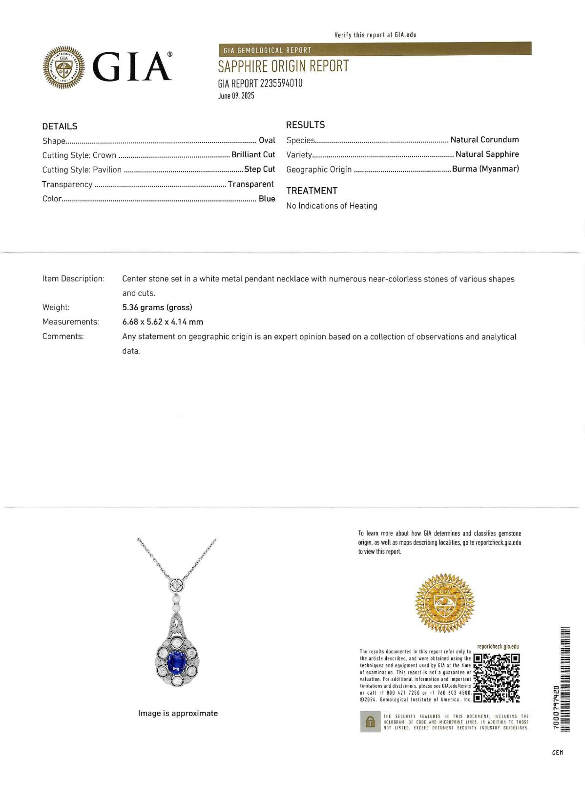 Edwardian 2.33 CTW No Heat Burma Sapphire Diamond Platinum Antique Drop Necklace