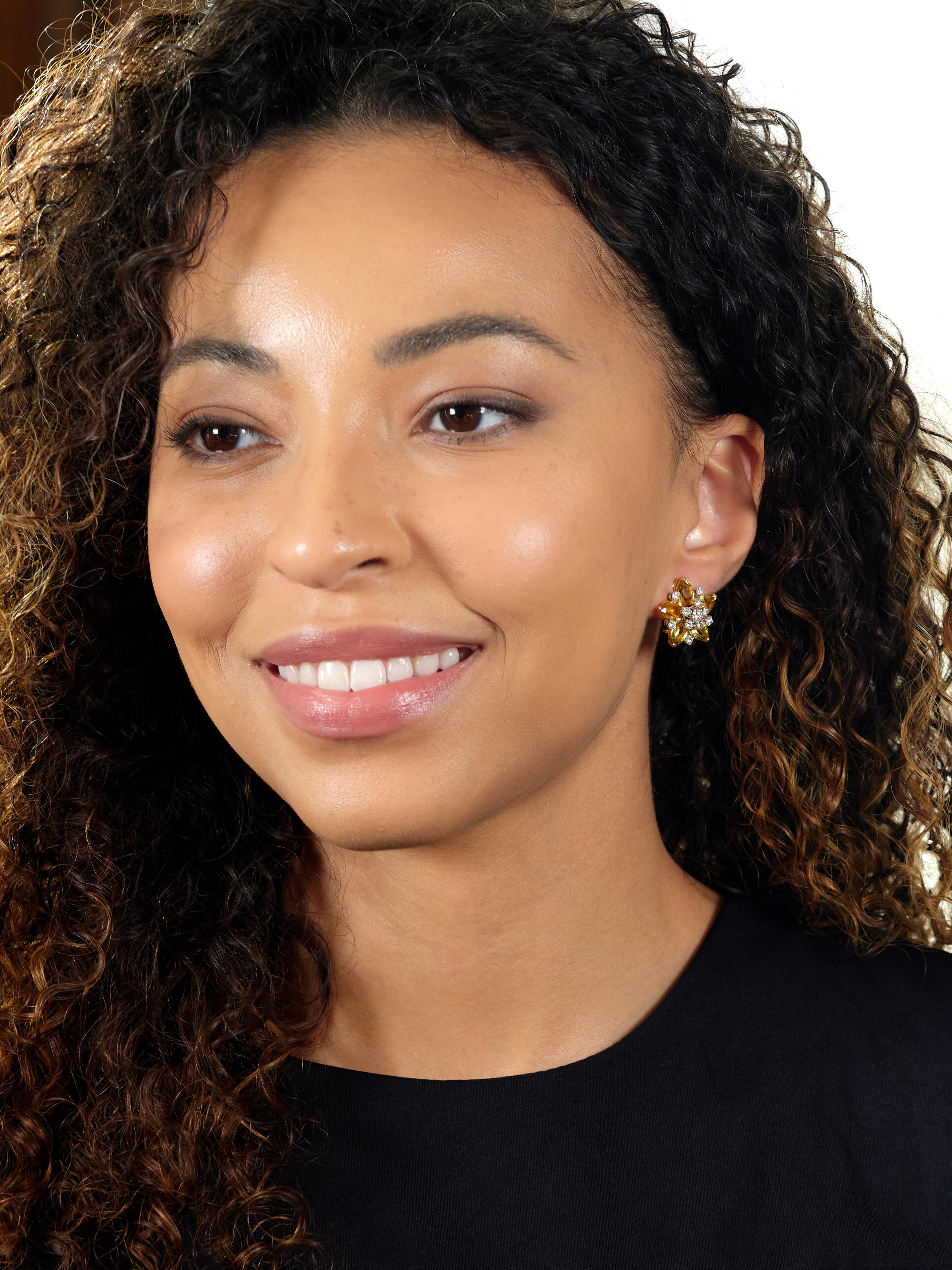 1950s Diamond Lemon Quartz Platinum 18K Tremblant Star Vintage Ear-Clip Earrings