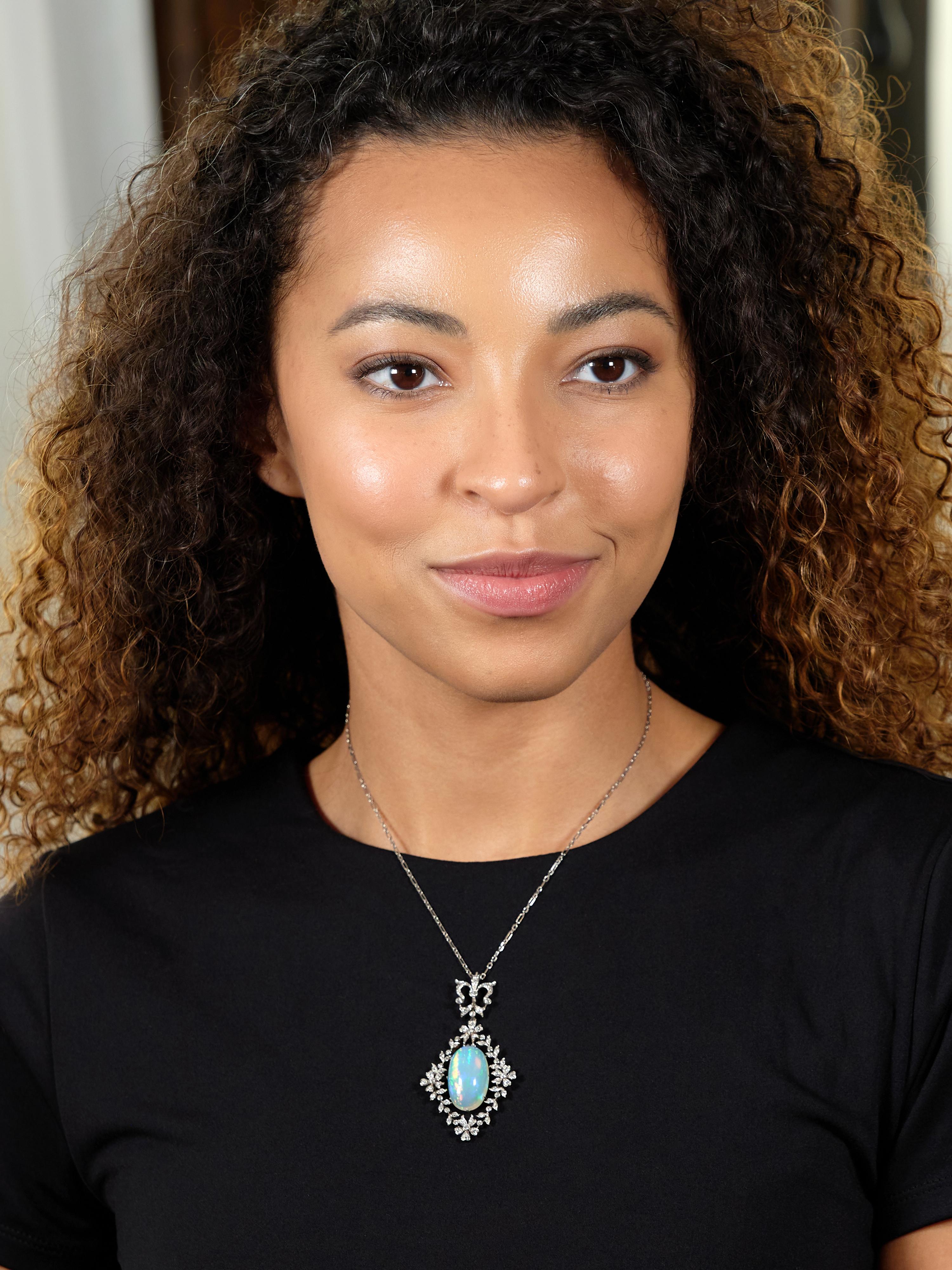 Edwardian Opal Diamond Platinum 18K Gold Garland Antique Pendant Necklace