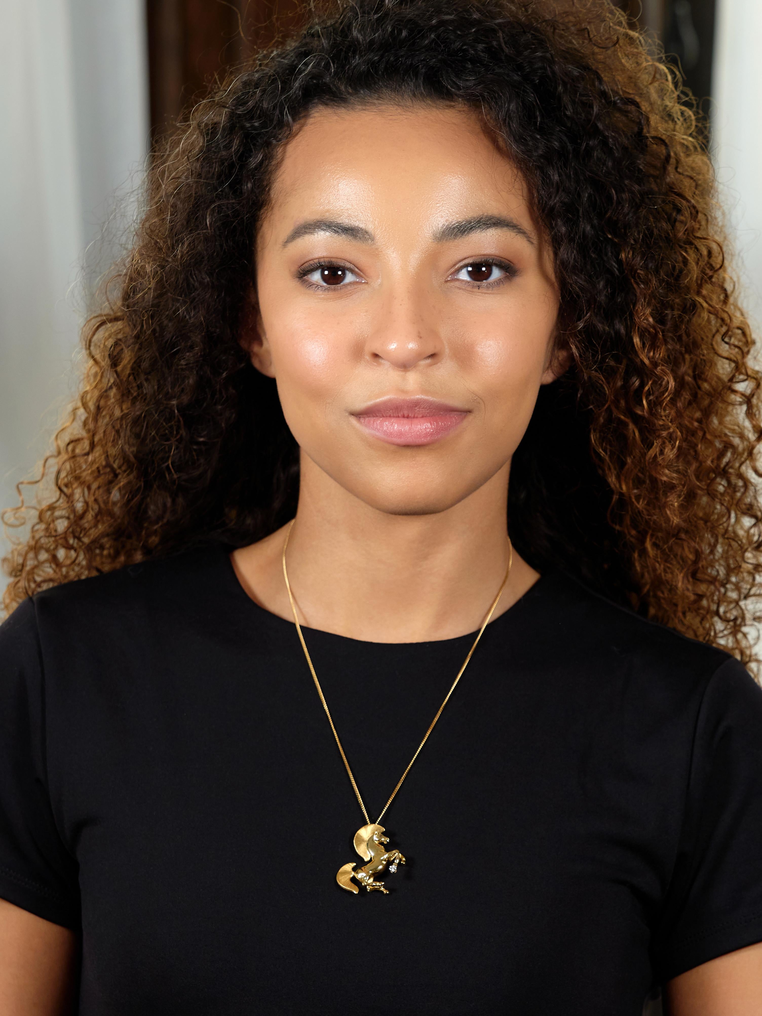 Gayle Bright 1986 18 Karat Two-Tone Gold Diamond Vintage Horse Pendant Necklace