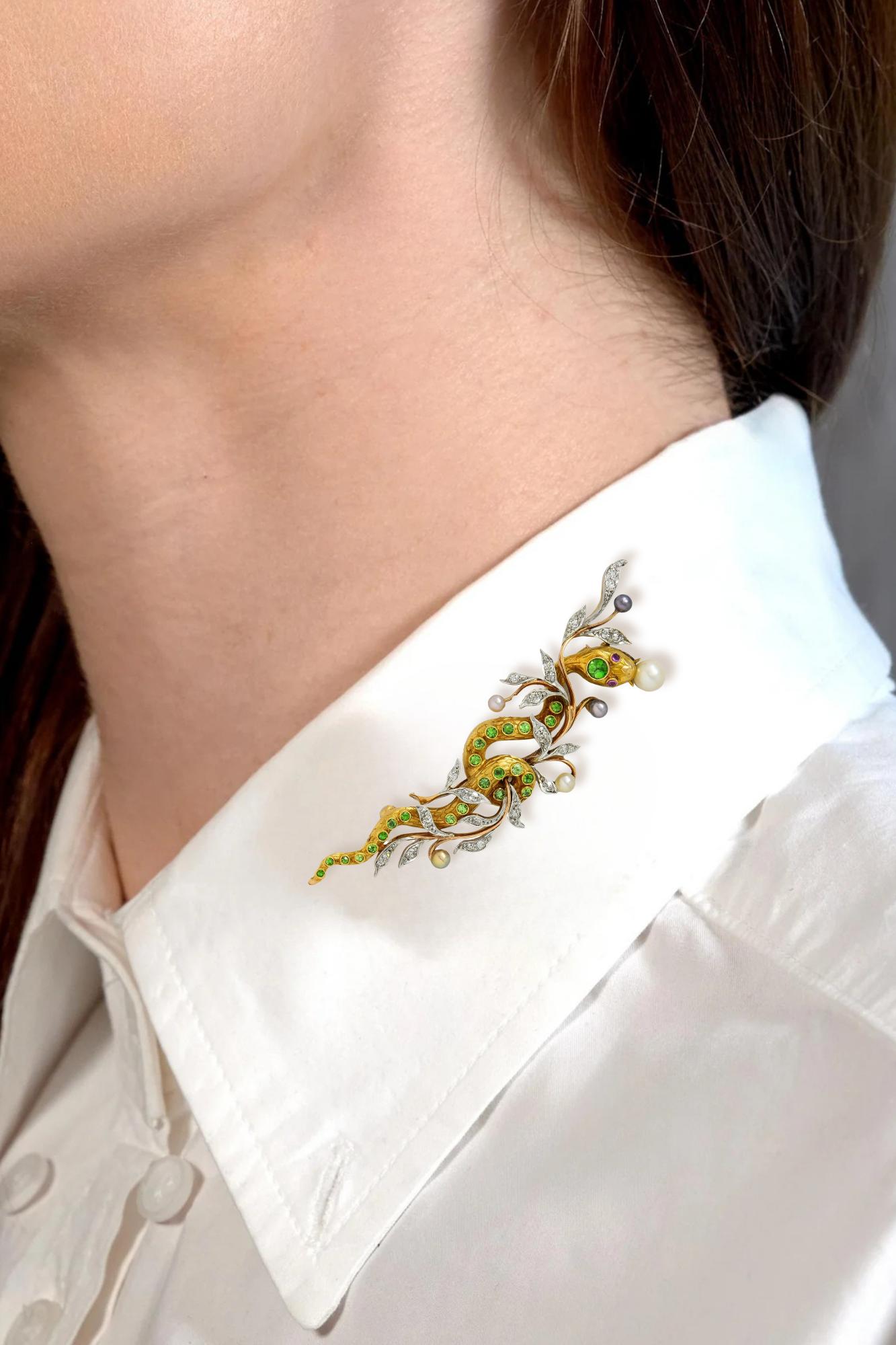 Edwardian Diamond Demantoid Pearl Platinum 14K Gold Antique Snake Brooch