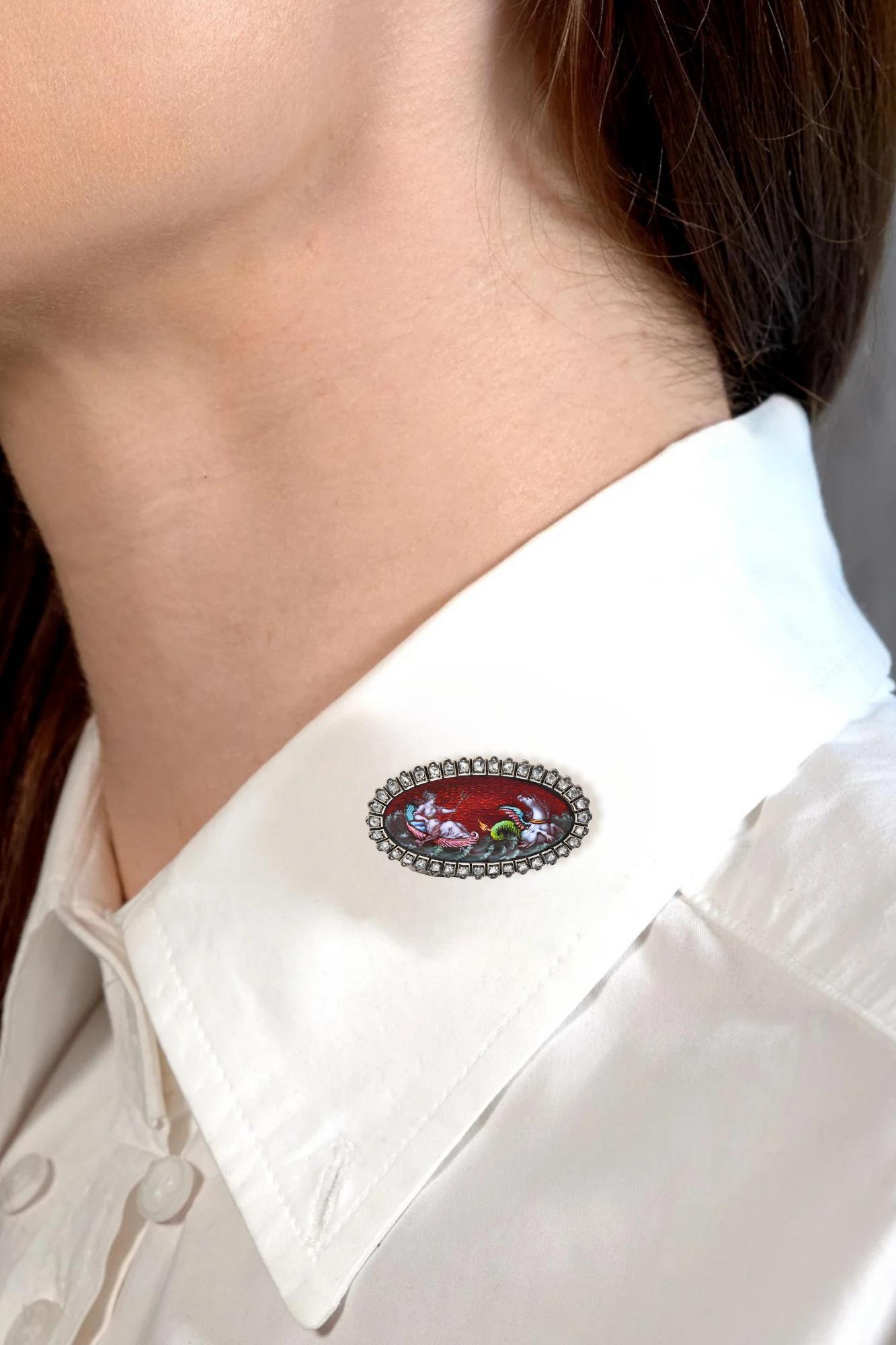 Antique Diamond Enamel Silver 18K Gold Greek Goddess Aphrodite Halo Brooch