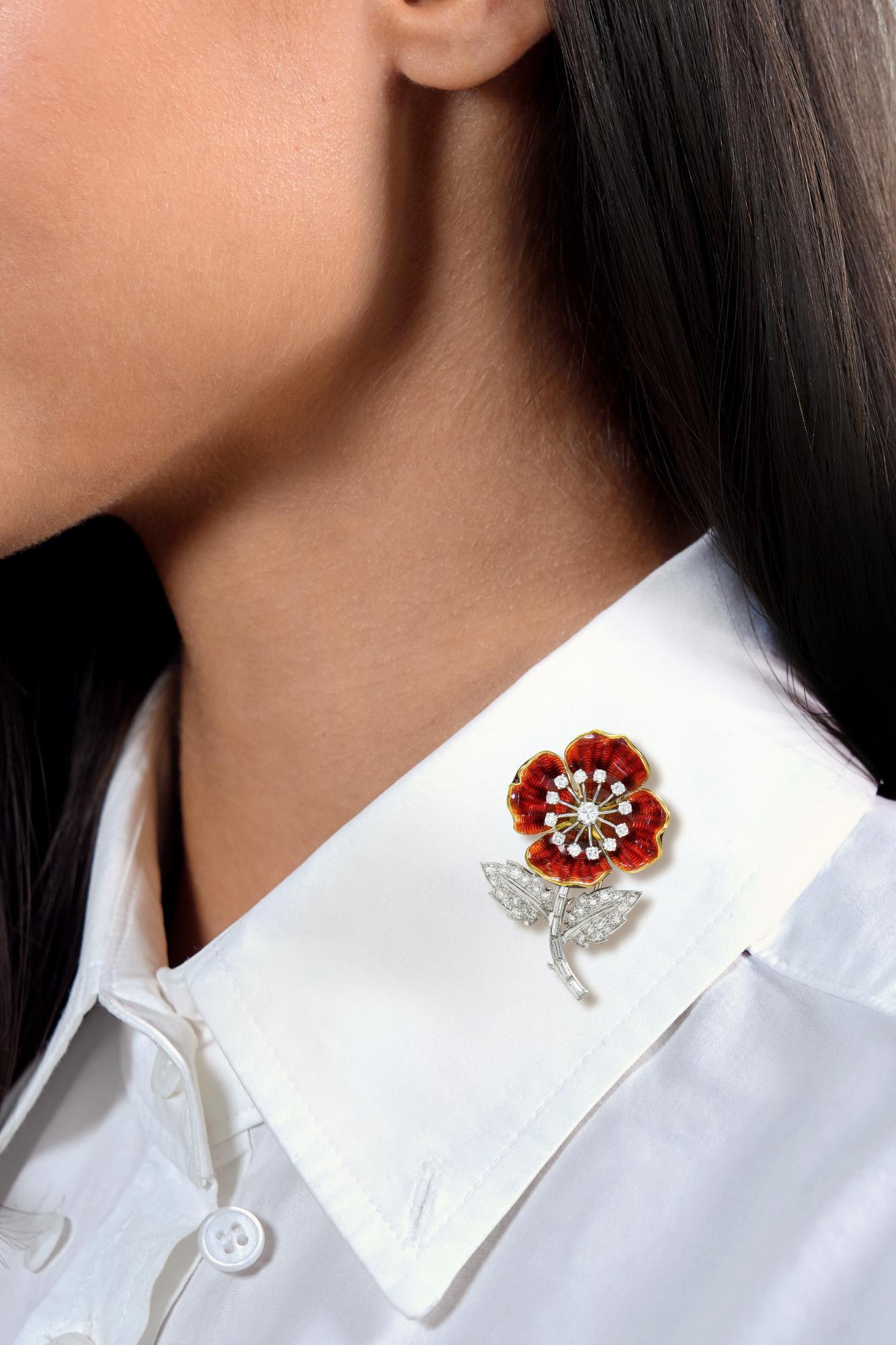 Boucheron Paris Diamond Enamel Platinum 18K Vintage Eglantine Brooch Earring Set