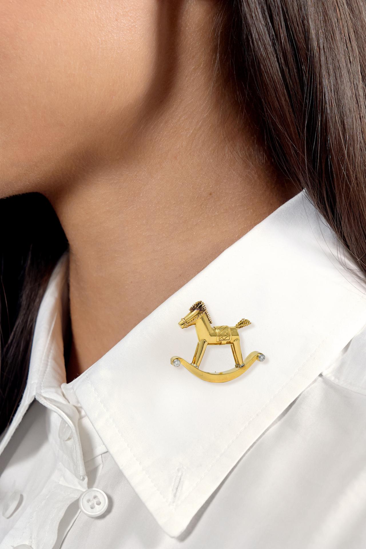1950's French Diamond Platinum 18 Karat Yellow Gold Vintage Rocking Horse Brooch