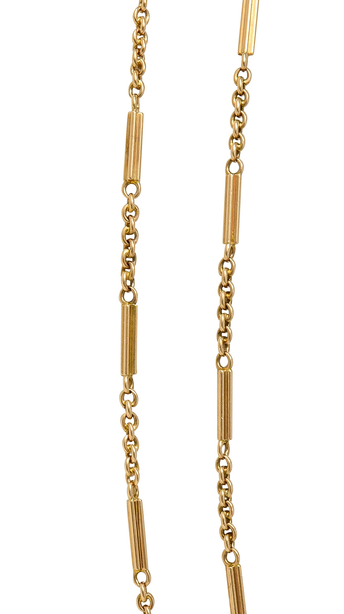 Victorian 14 Karat Rose Gold Fluted Bar Link 52 1/2 IN Long Antique Fob Chain Necklace Wilson's Estate Jewelry