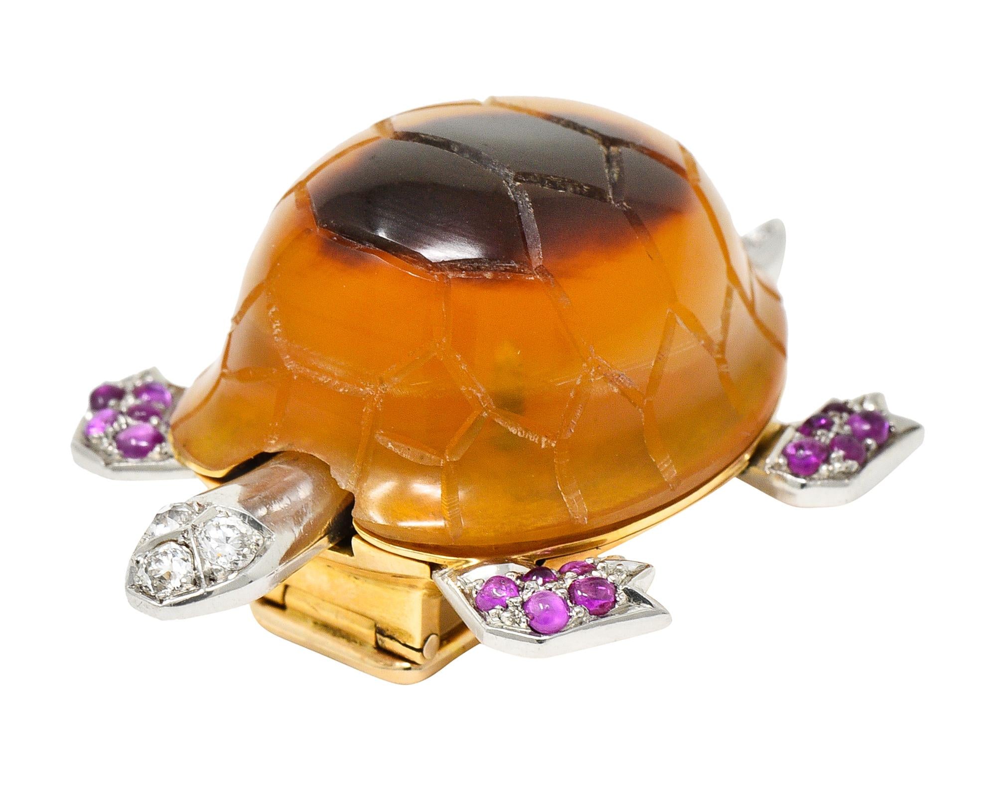 1950's Cartier Ruby Diamond Platinum 18 Karat Yellow Gold Vintage Turtle Brooch