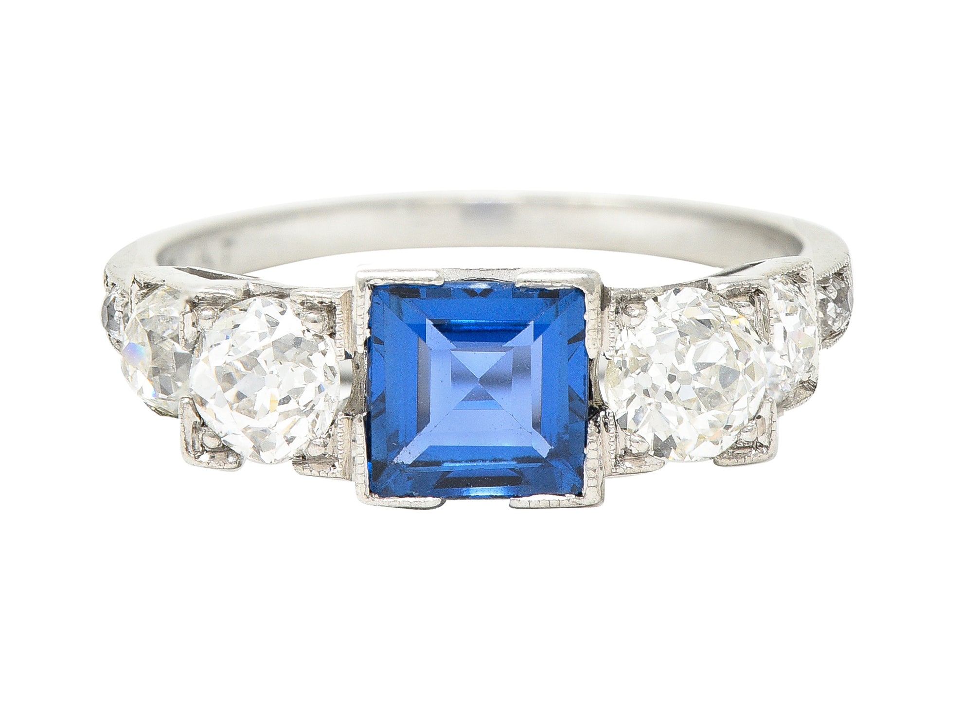 Art Deco 2.15 CTW Sapphire Diamond Platinum Five Stone Engagement Ring Wilson's Estate Jewelry