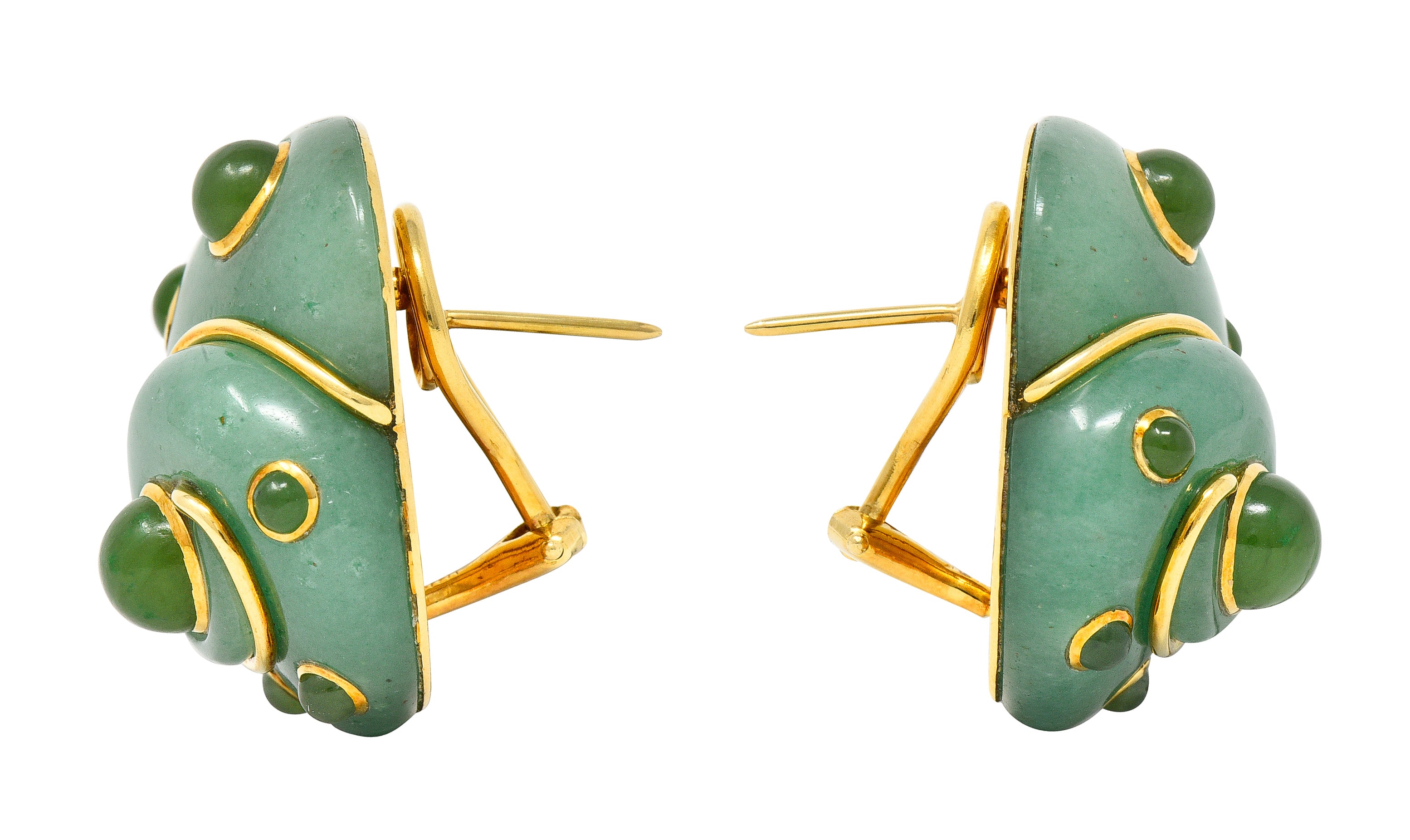 Verdura 1980's Carved Aventurine Nephrite Jade Cabochon 18 Karat Yellow Gold Sea Shell Vintage Earrings Wilson's Estate Jewelry