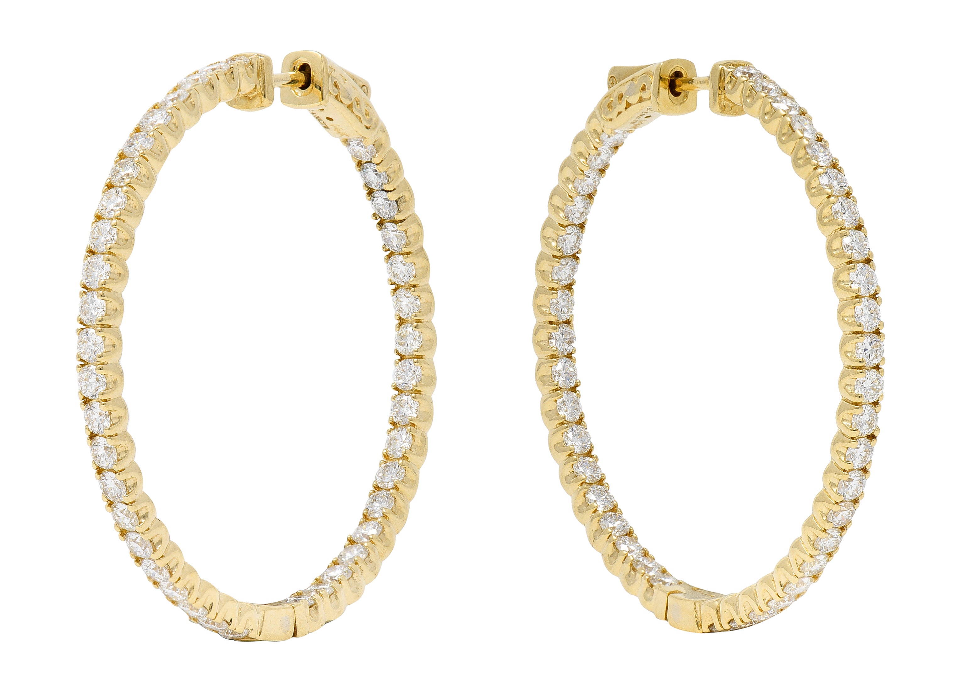 Contemporary 4.00 CTW Diamond 14 Karat Yellow Gold Round Inside Outside Hoop Earrings Wilson's Estate Jewelry